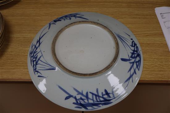 A large Chinese blue and white Antiques dish, 19th century, diameter 38cm